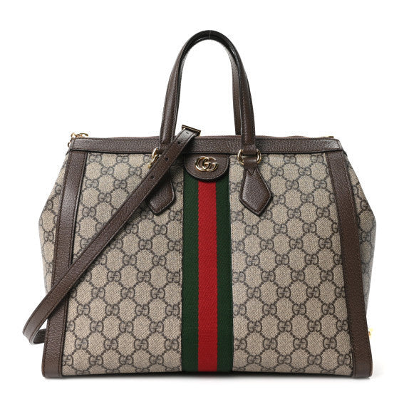 GG Supreme Monogram Web Medium Ophidia Tote Bag Brown