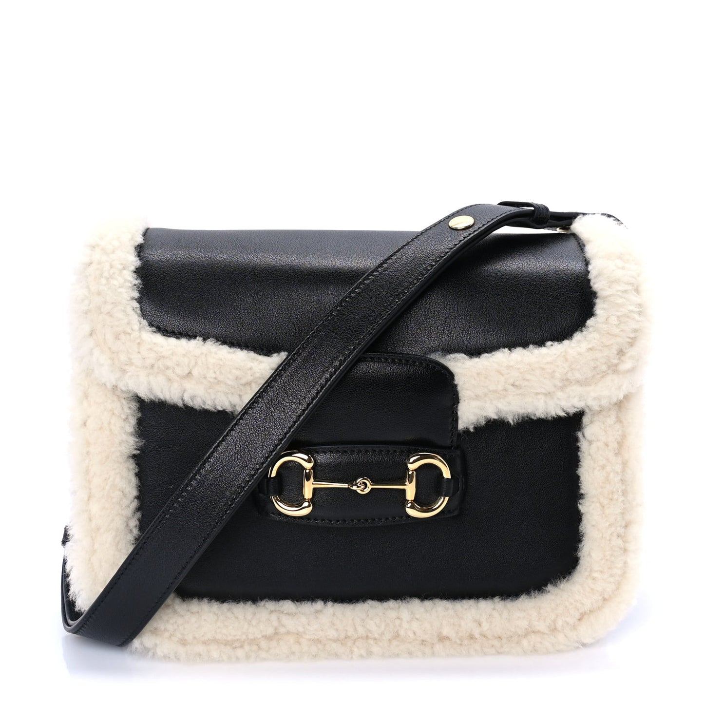Sakai Be Green Calfskin Shearling Horsebit 1955 Shoulder Bag Black