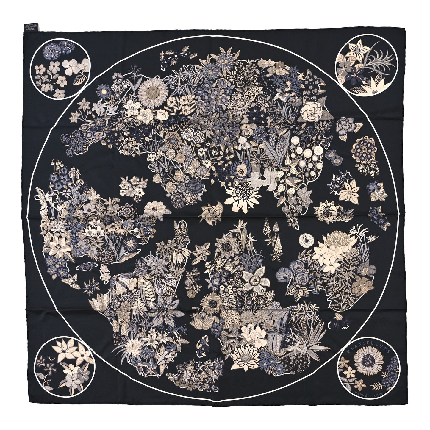 Silk Planifleurs Scarf 90 Black Gris Parchemin