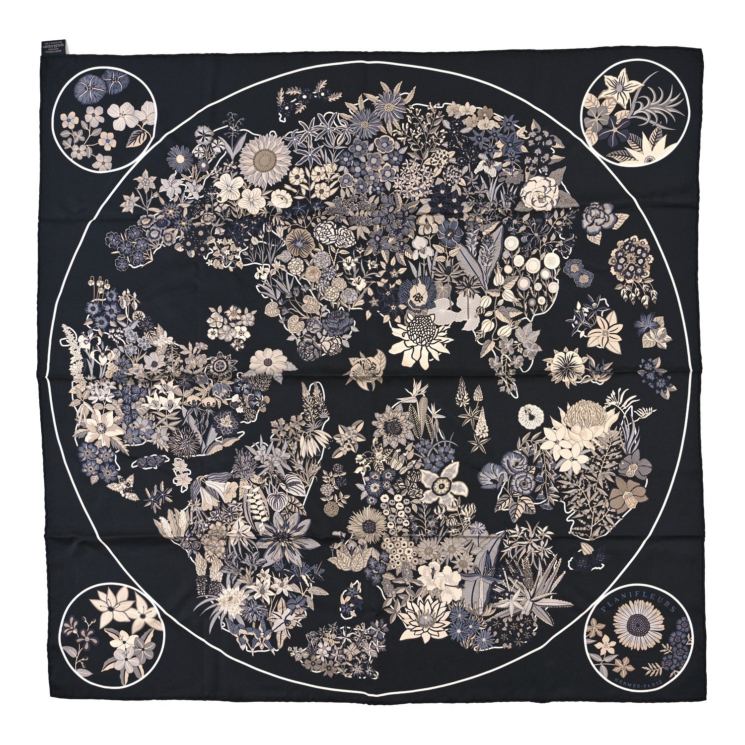 Hermes Silk Planifleurs Scarf 90 Black Gris Parchemin 1 of 3