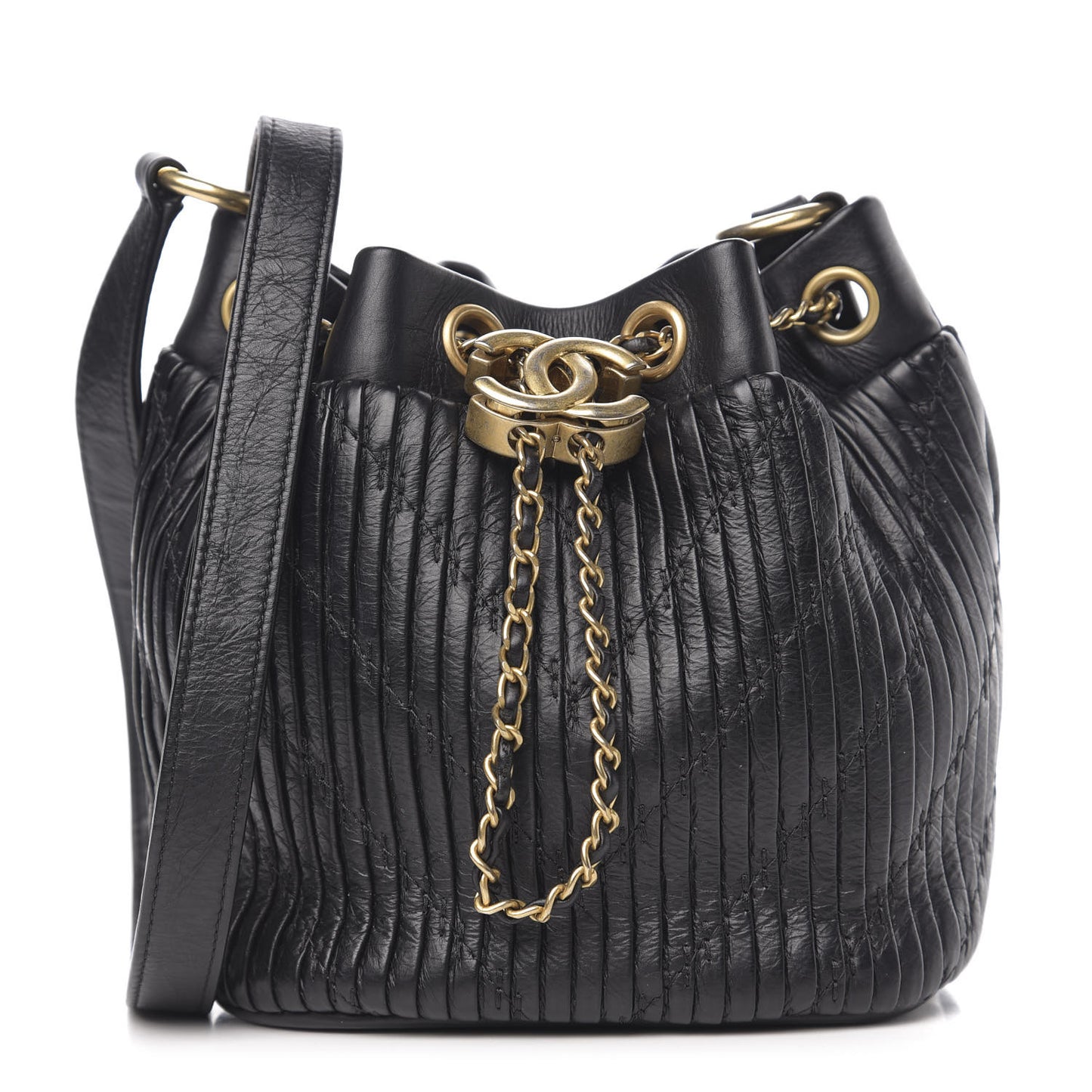Iridescent Crumpled Calfskin Coco Pleats Small Drawstring Bag Black