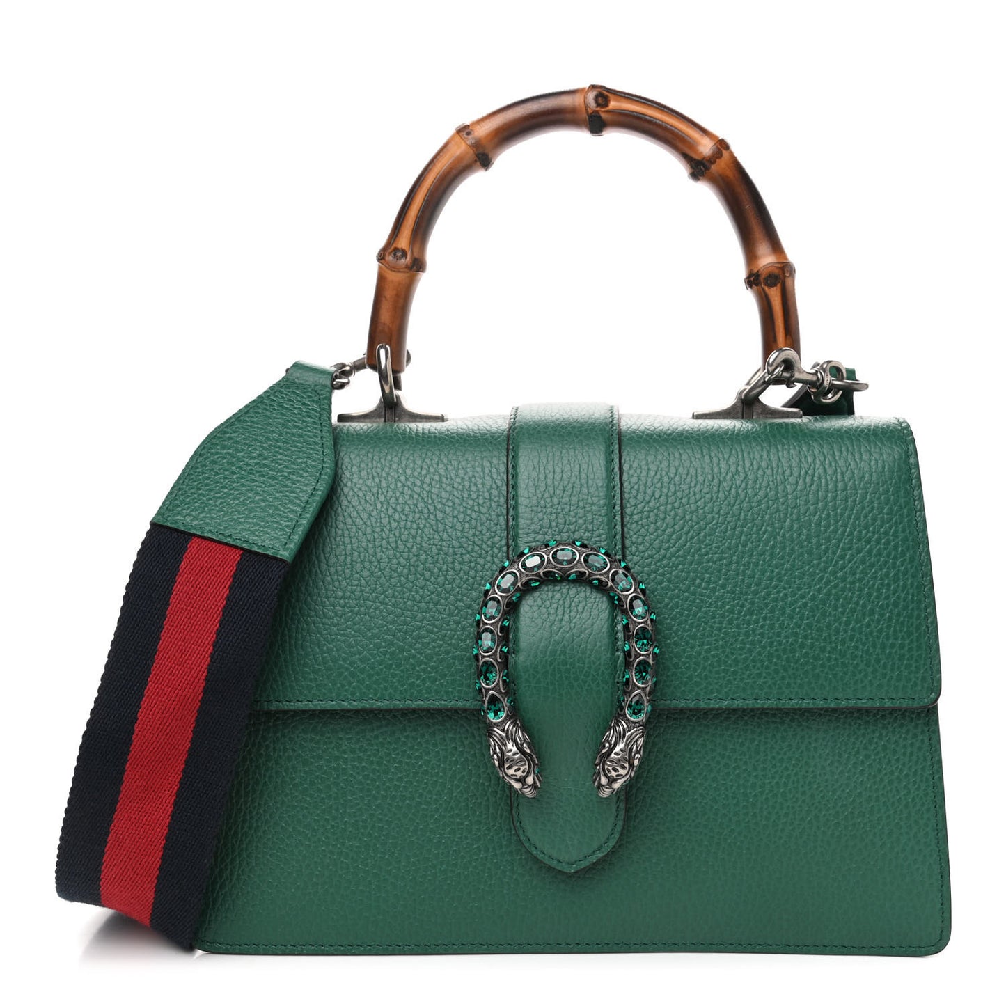 Dollar Calfskin Crystal Web Medium Dionysus Bamboo Top Handle Bag Emerald
