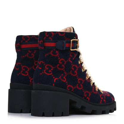 Gucci Covered Wool Big GG Monogram Womens Lace Up Combat Ankle Boots 38.5 Blue Red 4 of 9