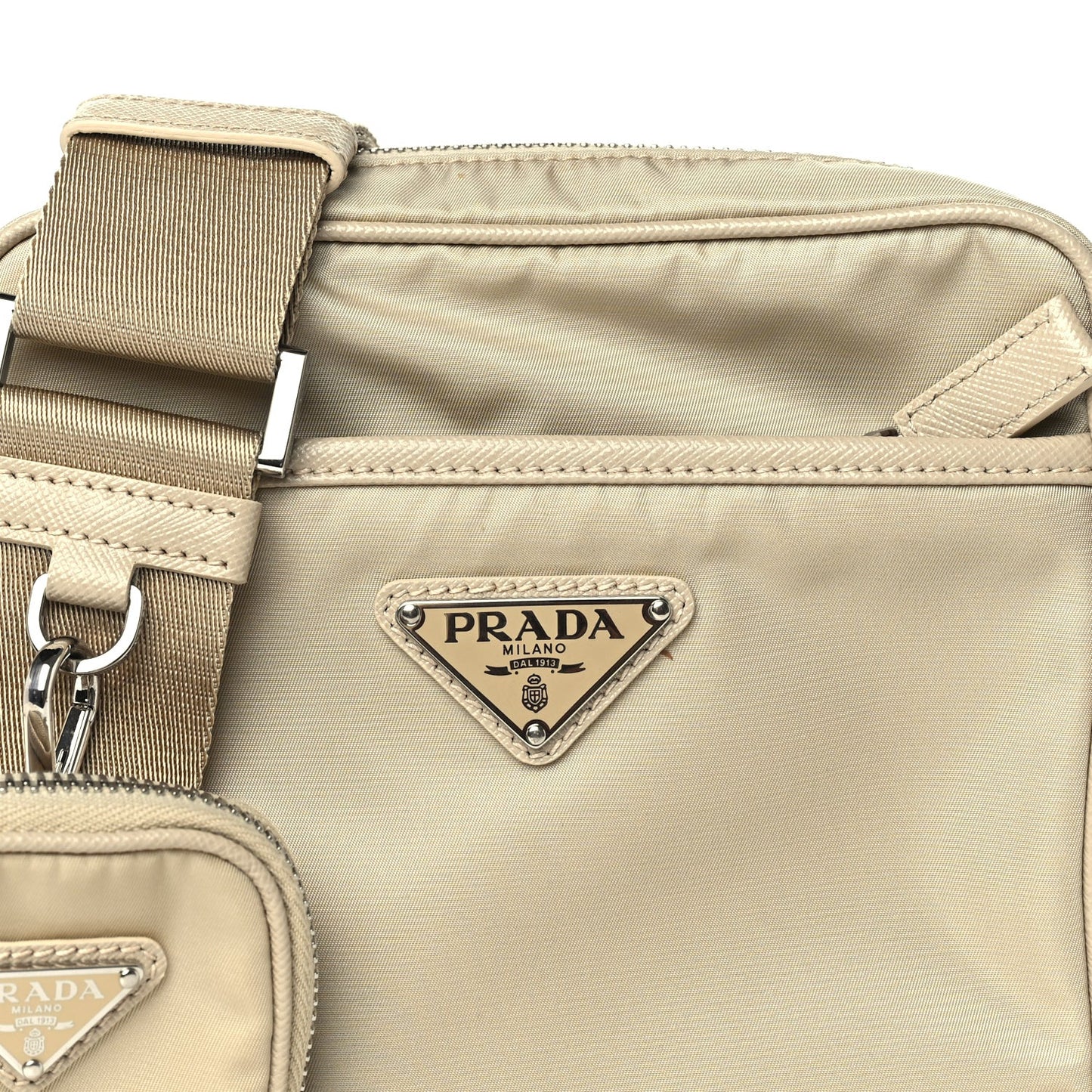 Tessuto Nylon Saffiano Front Pocket Zip Messenger With Pouch Beige