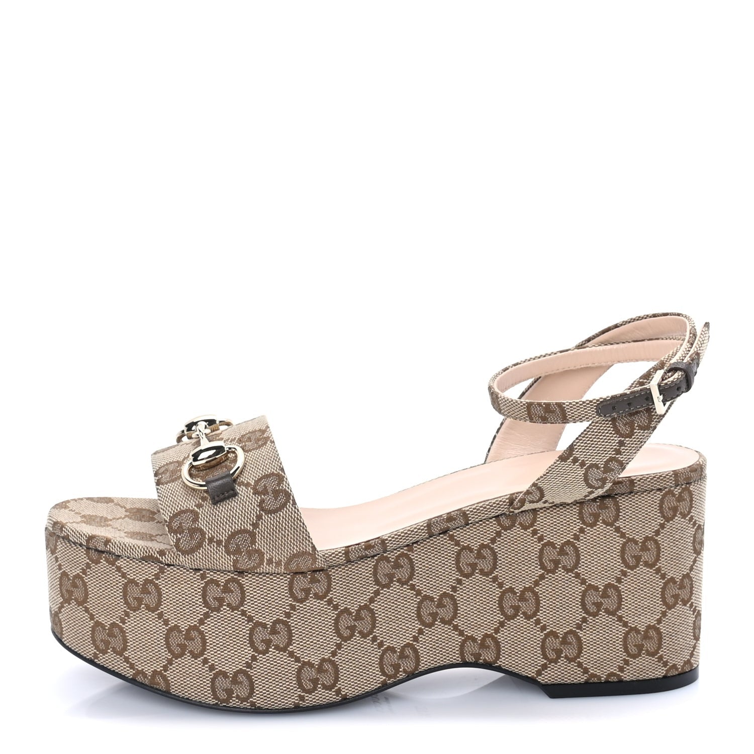 Gucci Monogram Nappa Chalotte Horsebit Ankle Strap 75mm Flatform Sandals 37.5  Beige Ebony 1 of 7