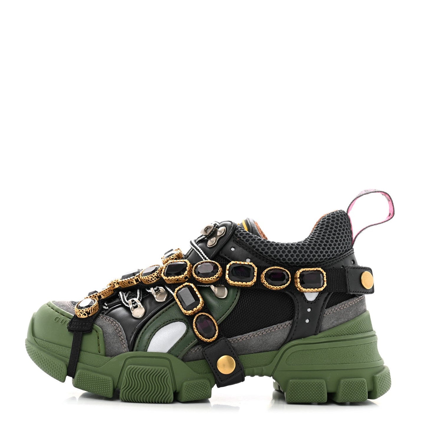X SEGA Mesh Suede Calfskin Removable Crystals Flashtrek Sneakers 35.5 Loess Black Olive Green