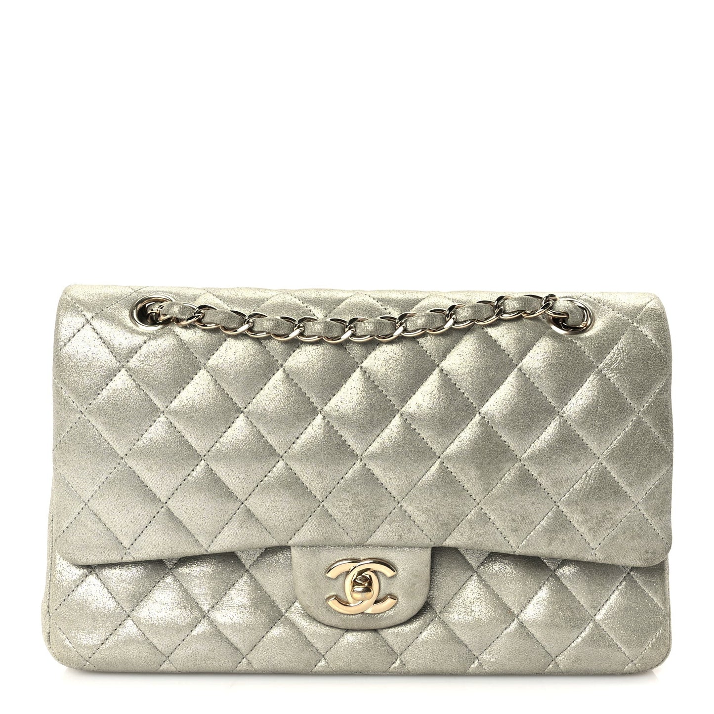 Iridescent Calfskin Quilted Medium Double Flap  Silver