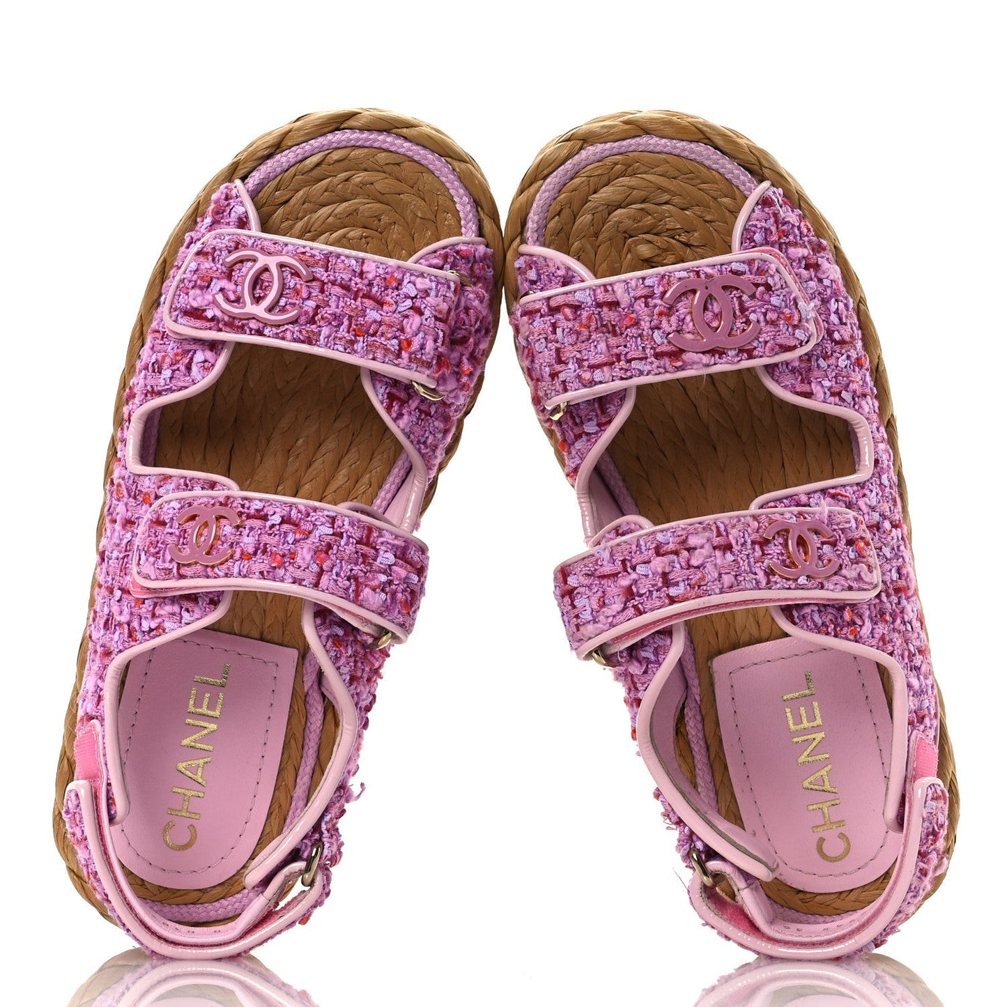 Tweed Patent Calfskin Velcro Dad Sandals 36 Light Purple Pink Red