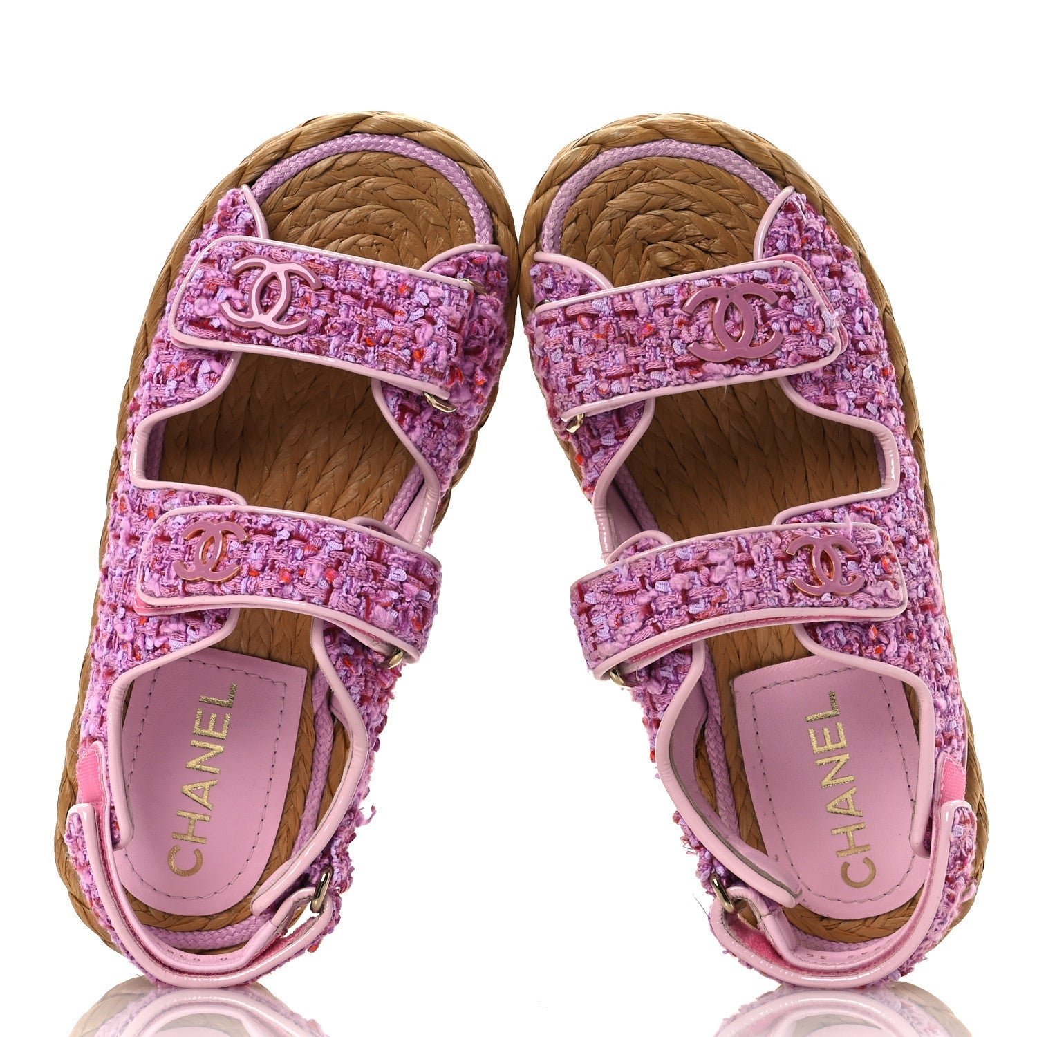 Chanel Tweed Patent Calfskin Velcro Dad Sandals 36 Light Purple Pink Red 2 of 7
