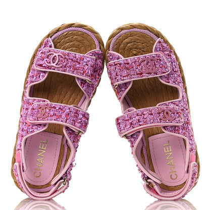 Chanel Tweed Patent Calfskin Velcro Dad Sandals 36 Light Purple Pink Red 2 of 7