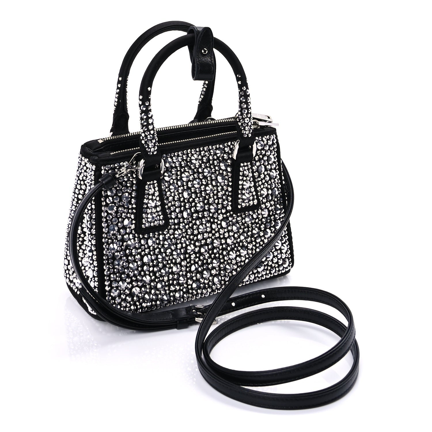 Prada Satin Crystal Mini Galleria Double Zip Tote Metal Black 2 of 8