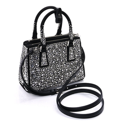 Prada Satin Crystal Mini Galleria Double Zip Tote Metal Black 2 of 8
