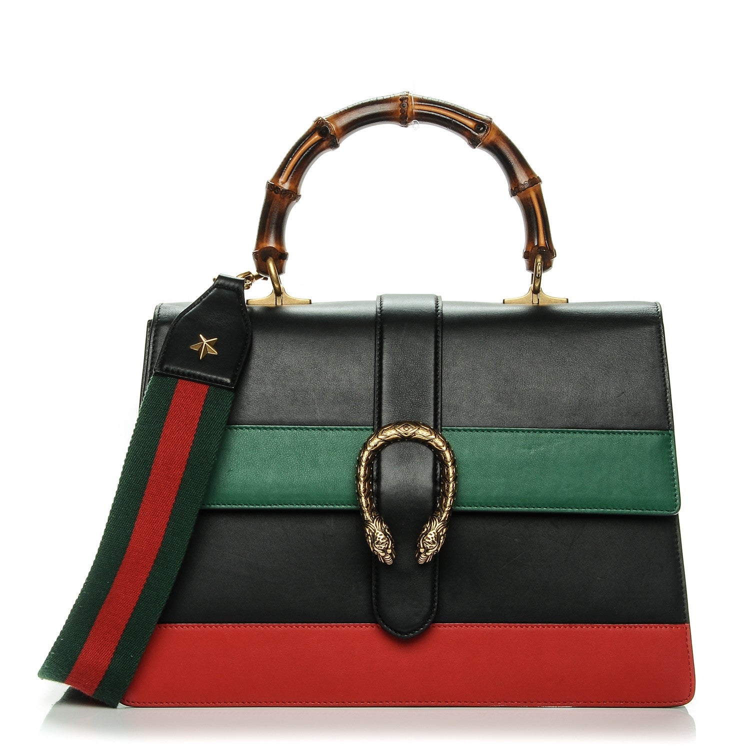Gucci Calfskin Bamboo Web Large Dionysus Top Handle Bag Black Bright Evergreen Hibiscus Red 1 of 11