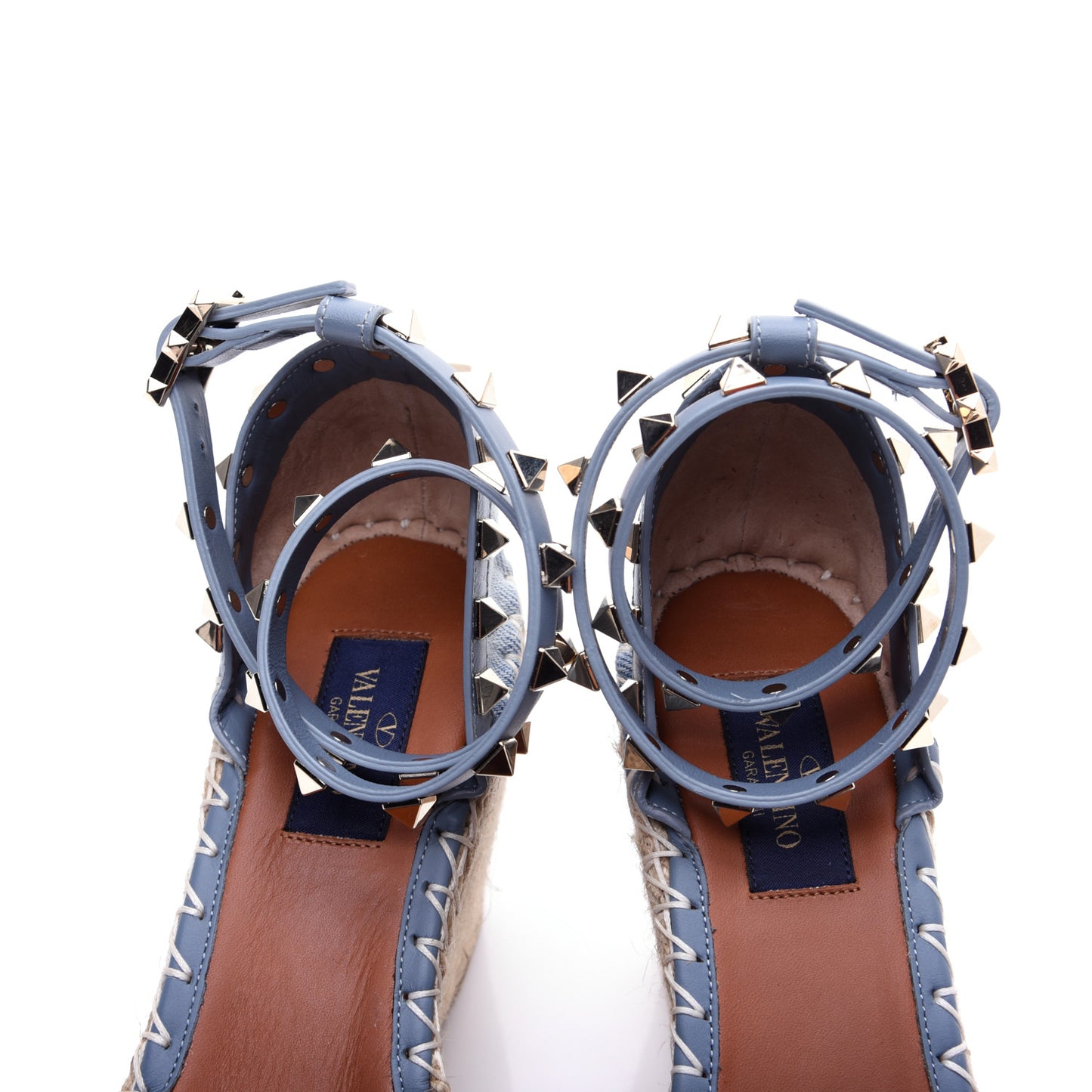 Denim Butterfly Embroidered Rockstud Ankle Wrap Espadrille 15/85mm Wedges 36 Light Denim
