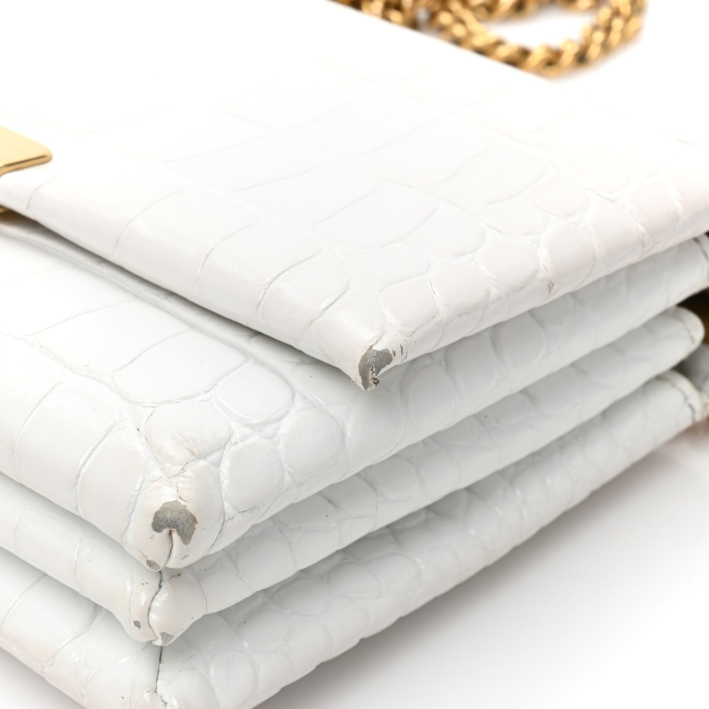 Shiny Extra Supple Calfskin Crocodile Embossed Small Triplet Bag Optic White