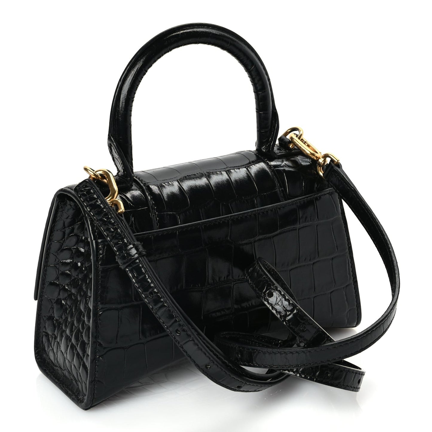 Shiny Calfskin Crocodile Embossed Hourglass Top Handle Bag XS Black