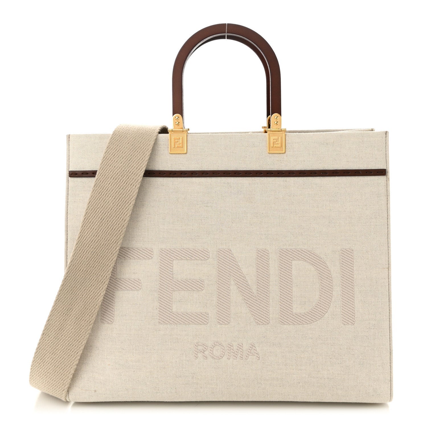 Fendi Canvas Vitello King Logo Embroidered Medium Sunshine Shopper Tote Grezzo Ghianda 1 of 7
