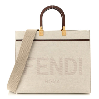 Fendi Canvas Vitello King Logo Embroidered Medium Sunshine Shopper Tote Grezzo Ghianda 1 of 7