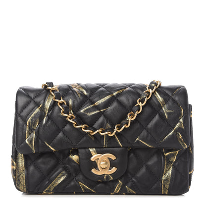 Chanel Crumpled Calfskin Printed Quilted Mini Rectangular Flap Black Gold 1 of 10