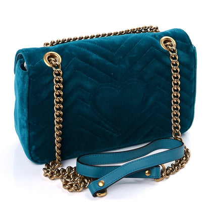 Gucci Velvet Matelasse Small GG Marmont Shoulder Bag  Pavone Cyan 2 of 7