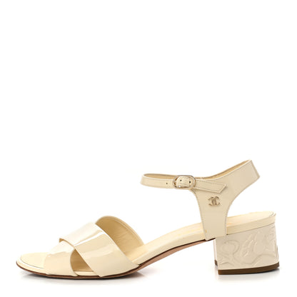 Chanel Patent Camellia Embossed Sandals 39.5 Ivory 1 of 12