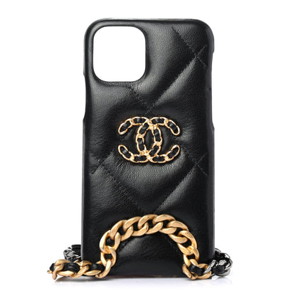 Chanel Shiny Goatskin Quilted 19 iPhone XI Pro Holder With Chain Black 1 of 4
