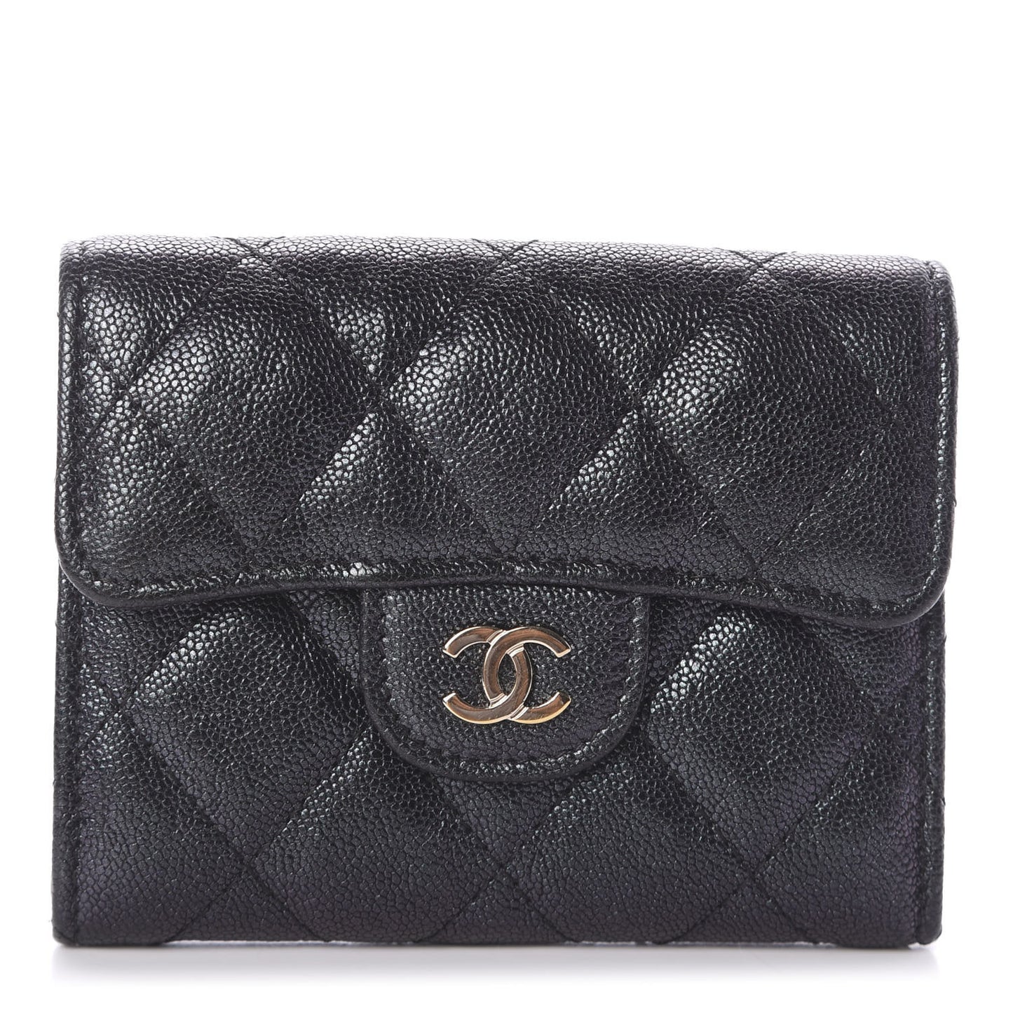 Iridescent Caviar Quilted Flap Card Holder Wallet Black