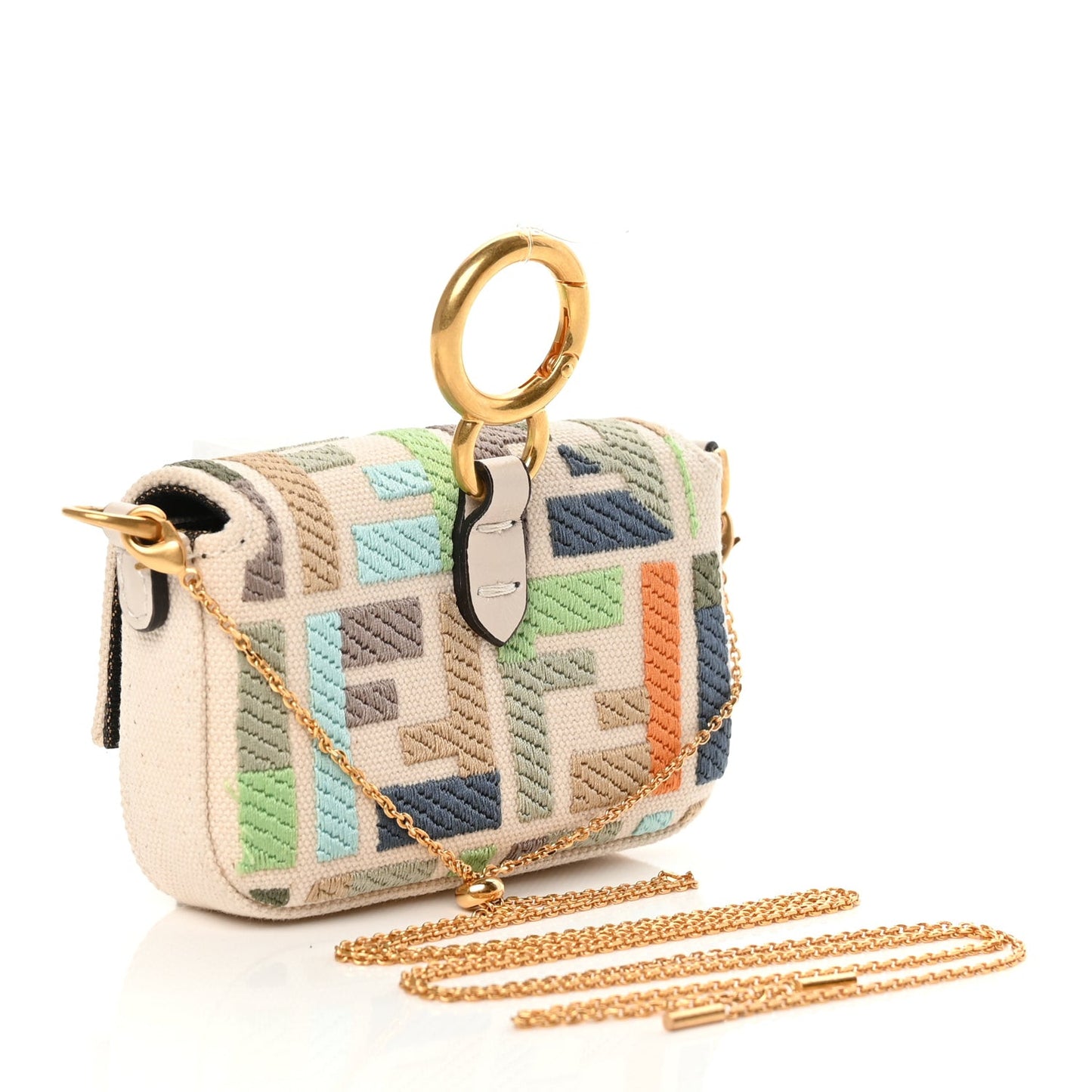 Canvas Nappa FF Multicolor Embroidered Nano Maxi Buckle Baguette Charm Grezzo Multicolor Latte
