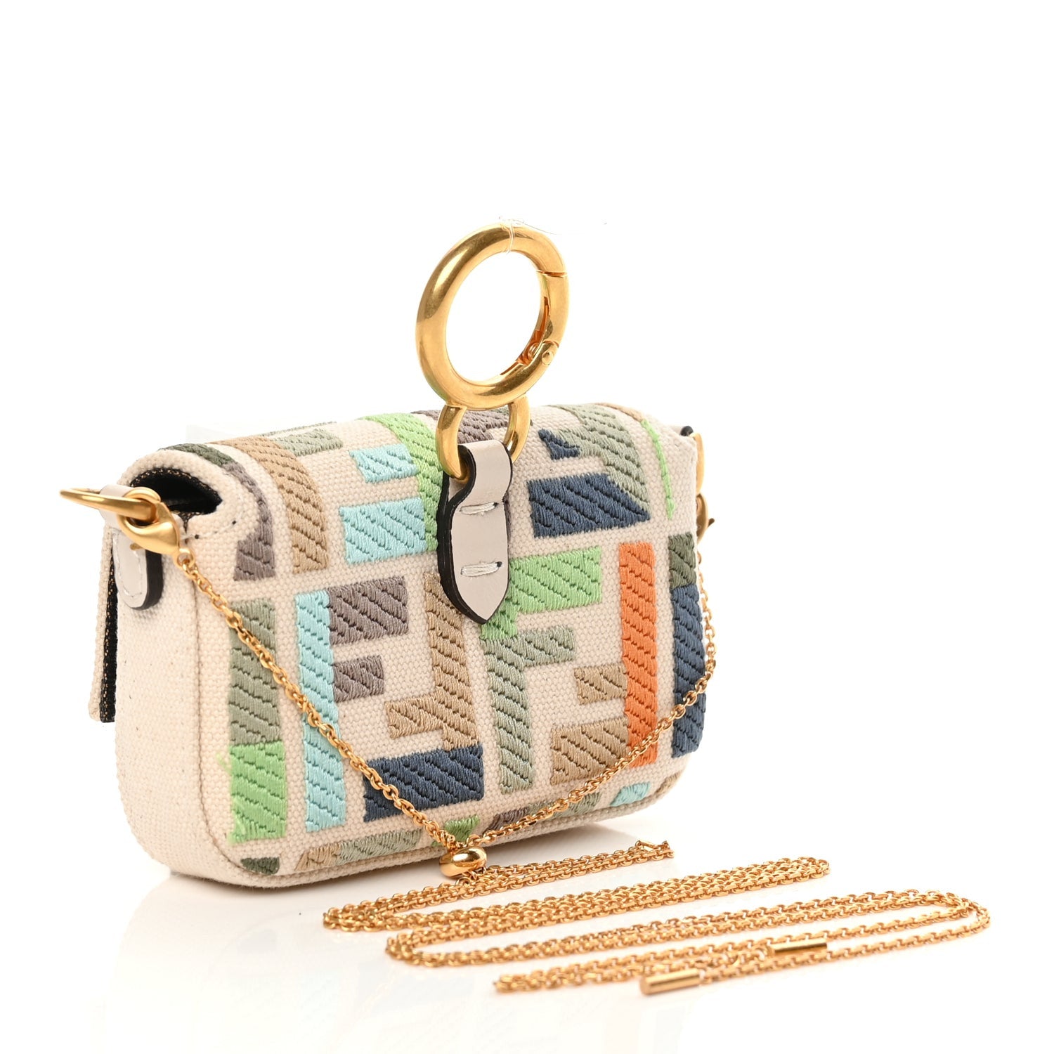 Fendi Canvas Nappa FF Multicolor Embroidered Nano Maxi Buckle Baguette Charm Grezzo Multicolor Latte 2 of 10
