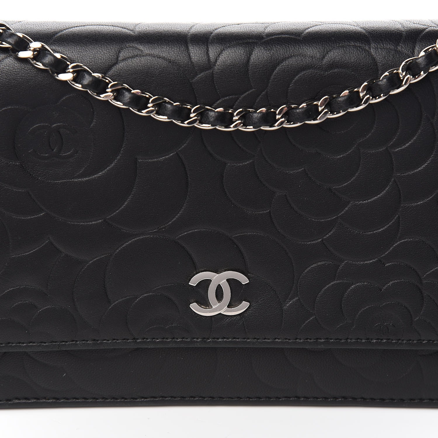 Chanel Lambskin Camellia Embossed Wallet on Chain WOC Black 8 of 11
