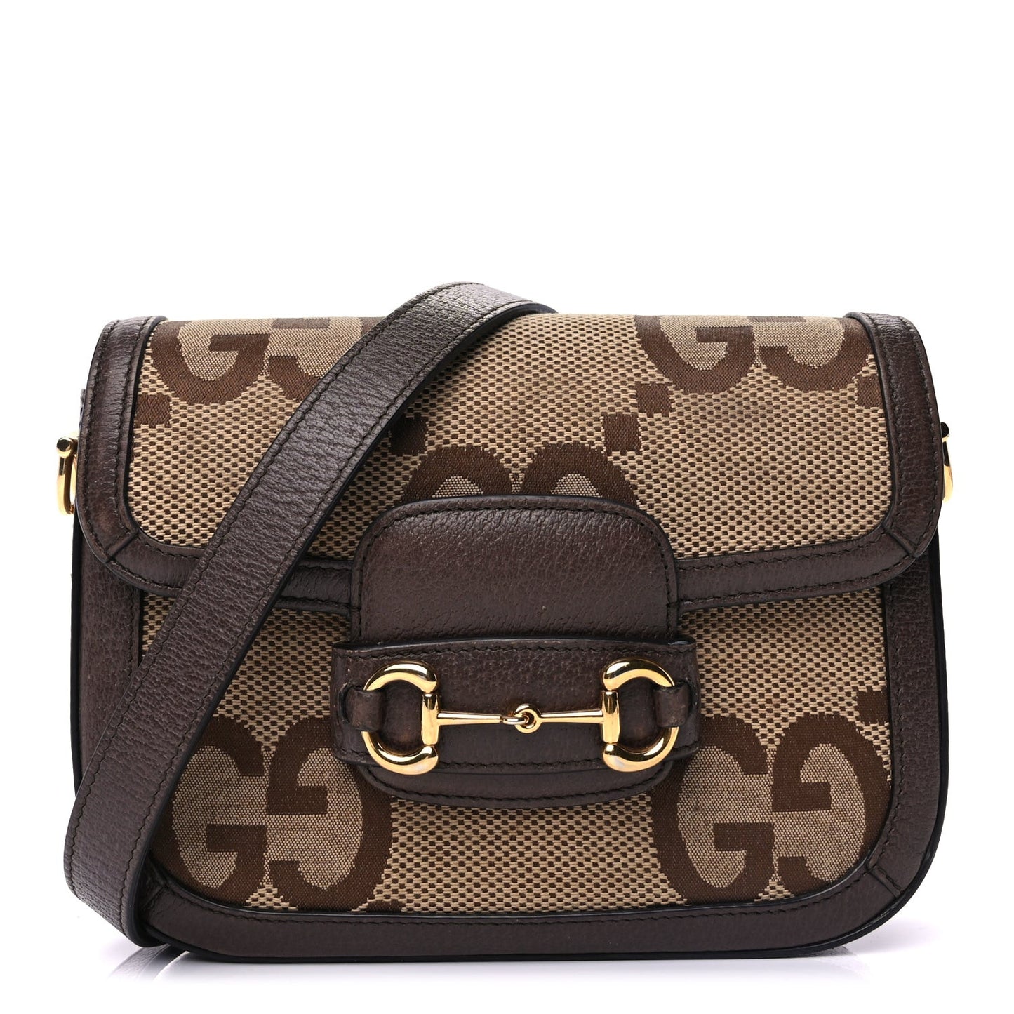 Monogram Jumbo GG Textured Dollar Calfskin Web Mini Horsebit 1955 Shoulder Bag Camel Ebony New Acero