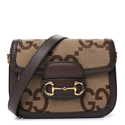 Gucci Monogram Jumbo GG Textured Dollar Calfskin Web Mini Horsebit 1955 Shoulder Bag Camel Ebony New Acero 2 of 9