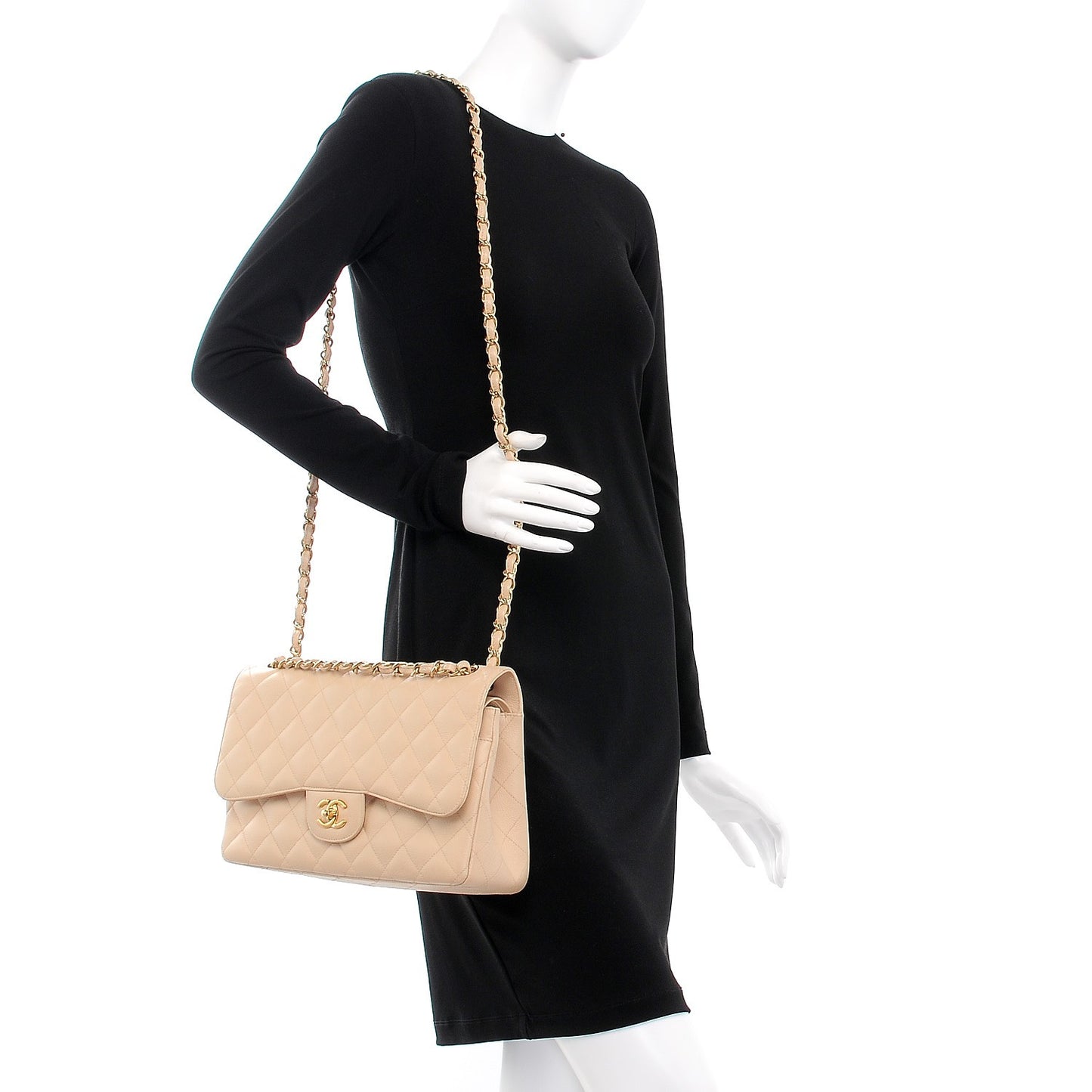 Caviar Quilted Jumbo Double Flap Beige