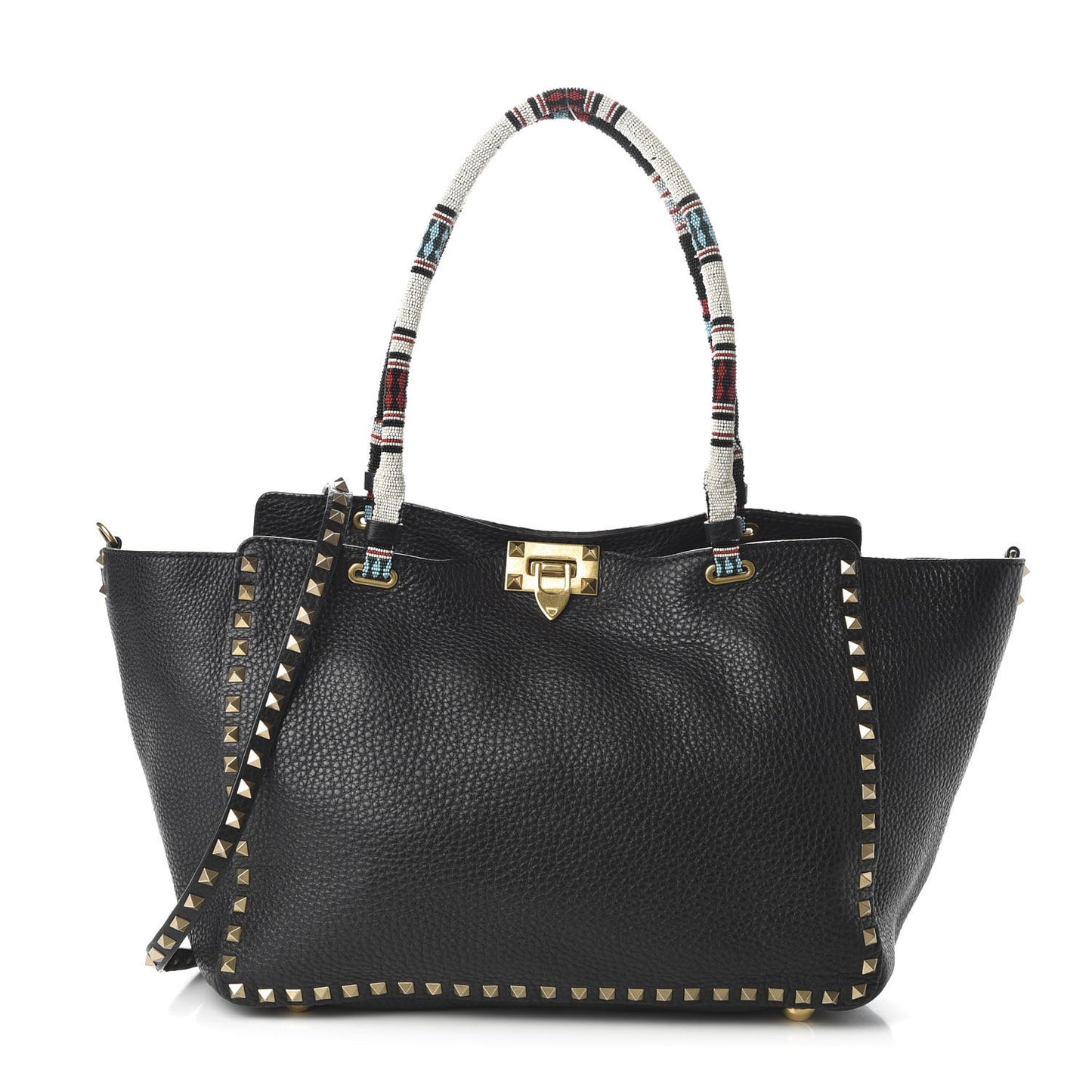 Pebbled Calfskin Beaded Medium Rockstud Tote Black