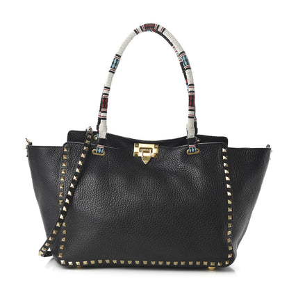Valentino Garavani Pebbled Calfskin Beaded Medium Rockstud Tote Black 1 of 9