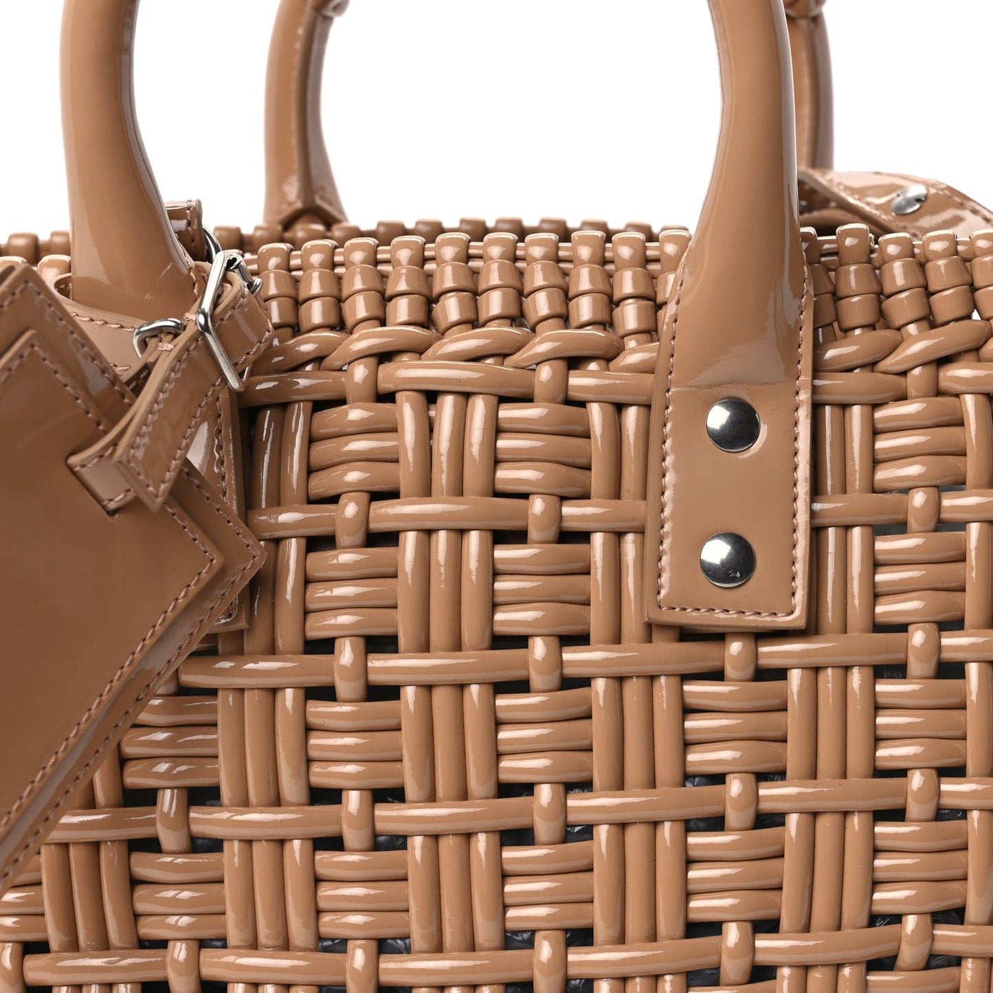 Varnished Faux Calfskin Braided XS Bistro Basket Beige