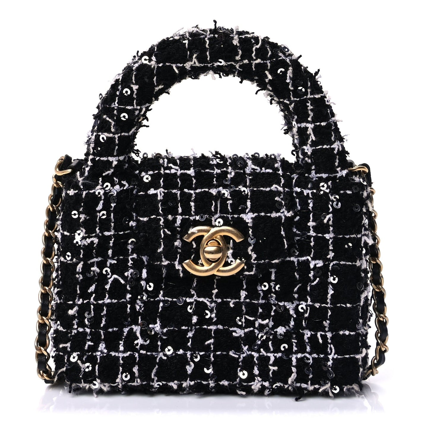 Tweed Quilted Mini Nano Kelly Shopper  Black White