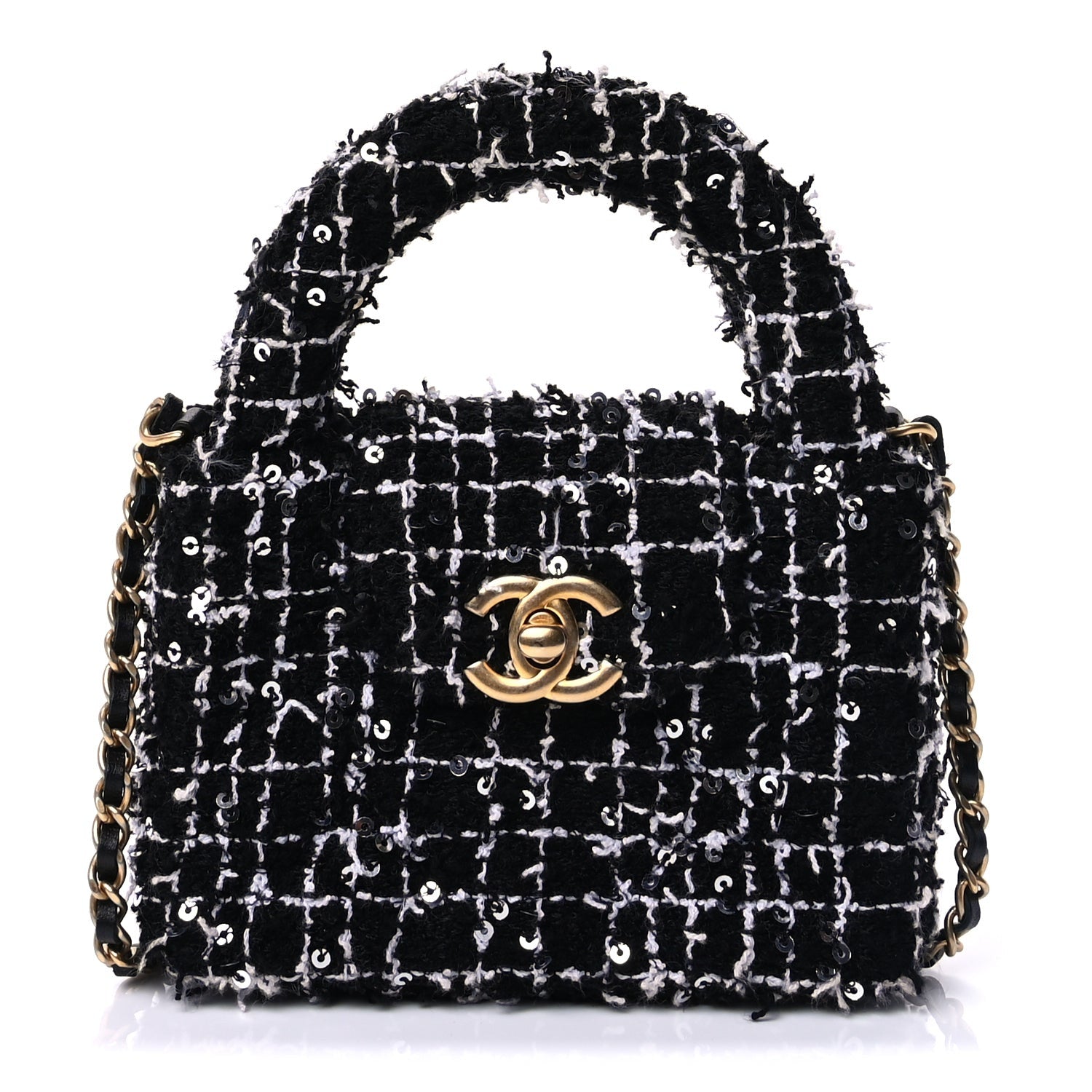 Chanel Tweed Quilted Mini Nano Kelly Shopper  Black White 1 of 8