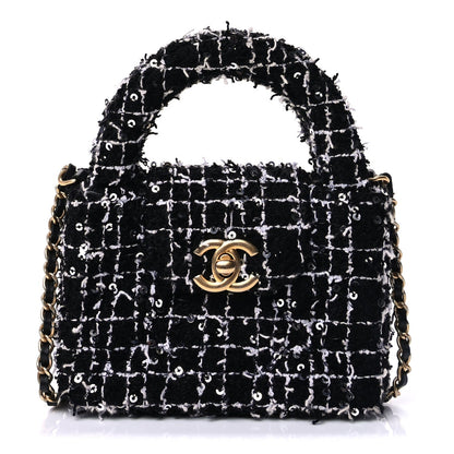 Chanel Tweed Quilted Mini Nano Kelly Shopper  Black White 1 of 8