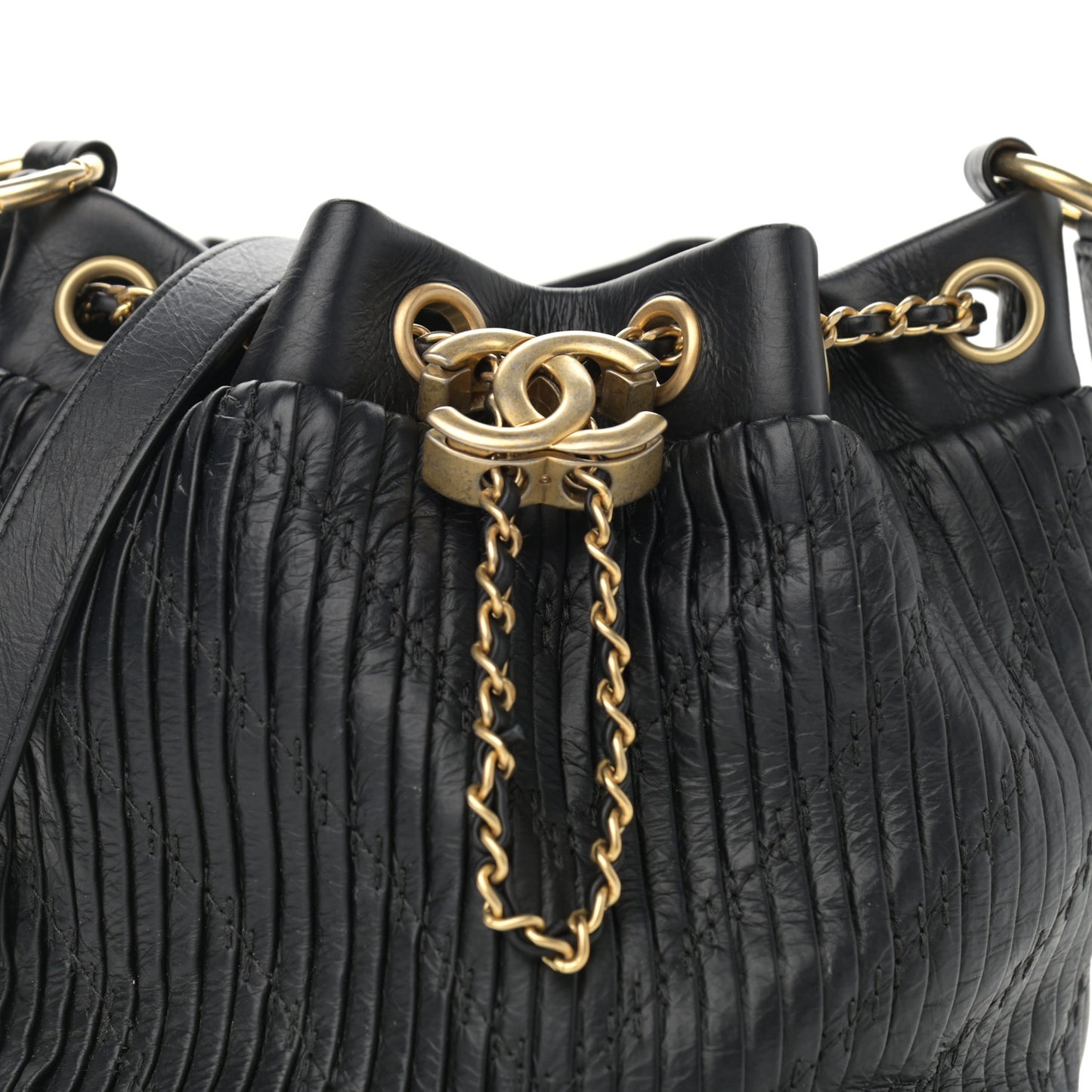 Iridescent Crumpled Calfskin Coco Pleats Small Drawstring Bag Black