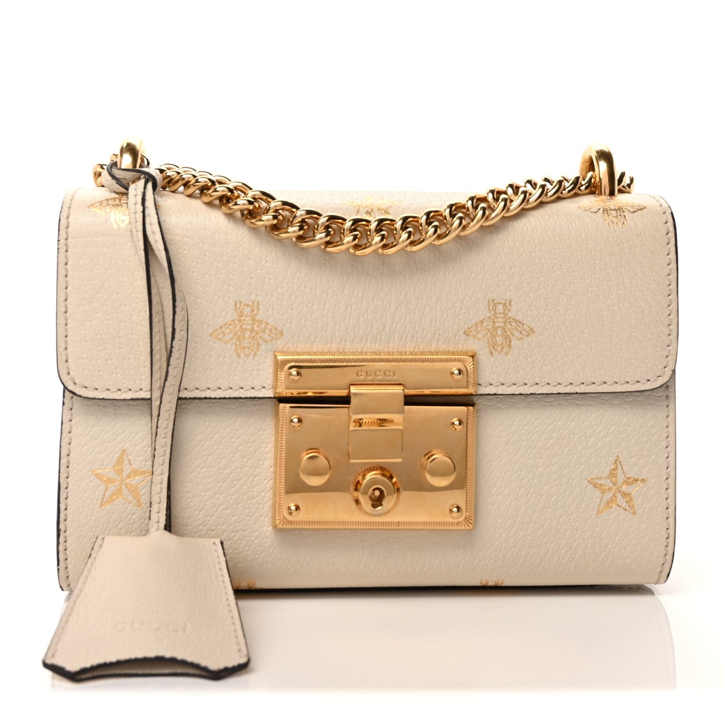 Grained Calfskin Bee Star Small Padlock Shoulder Bag White