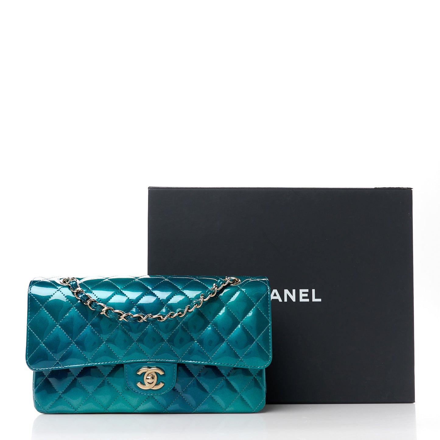 Shaded Patent Calfskin Quilted Medium Double Flap Green Blue