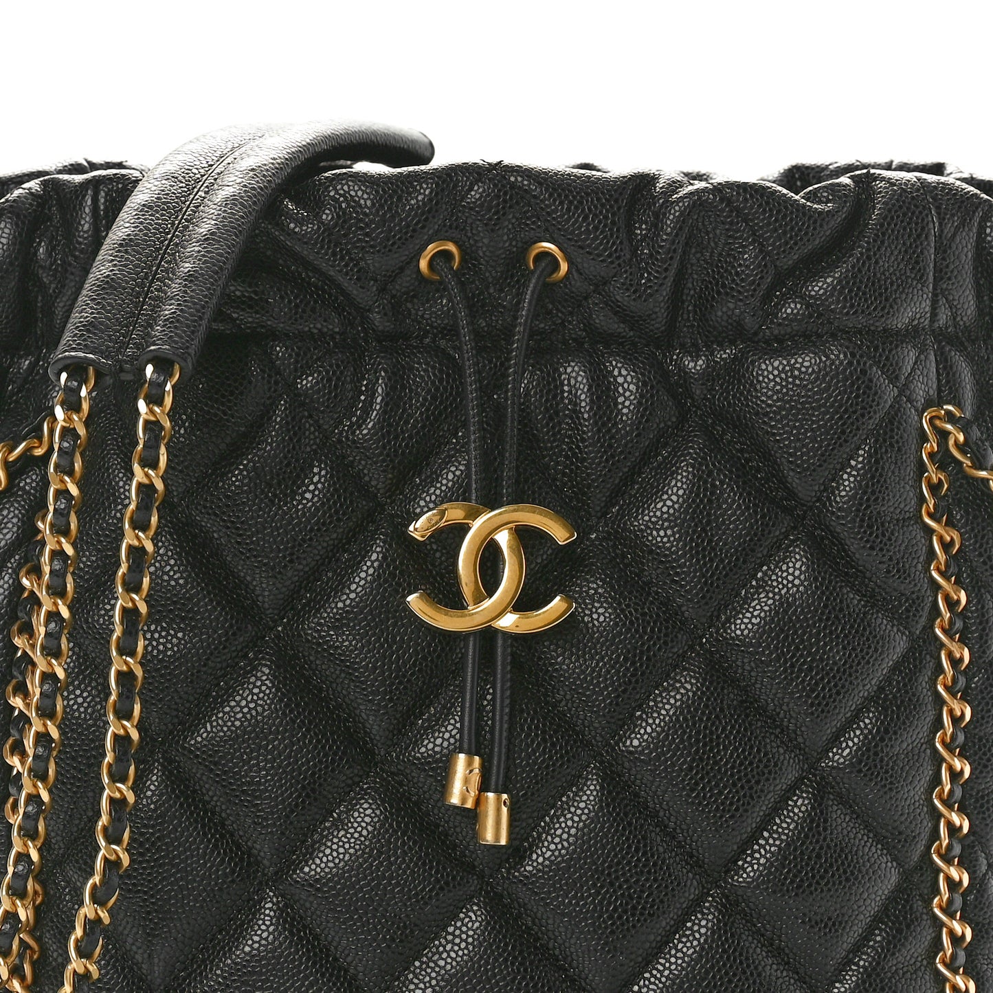 Caviar Quilted Chain Around Multi Chain Bucket Drawstring Bag Black