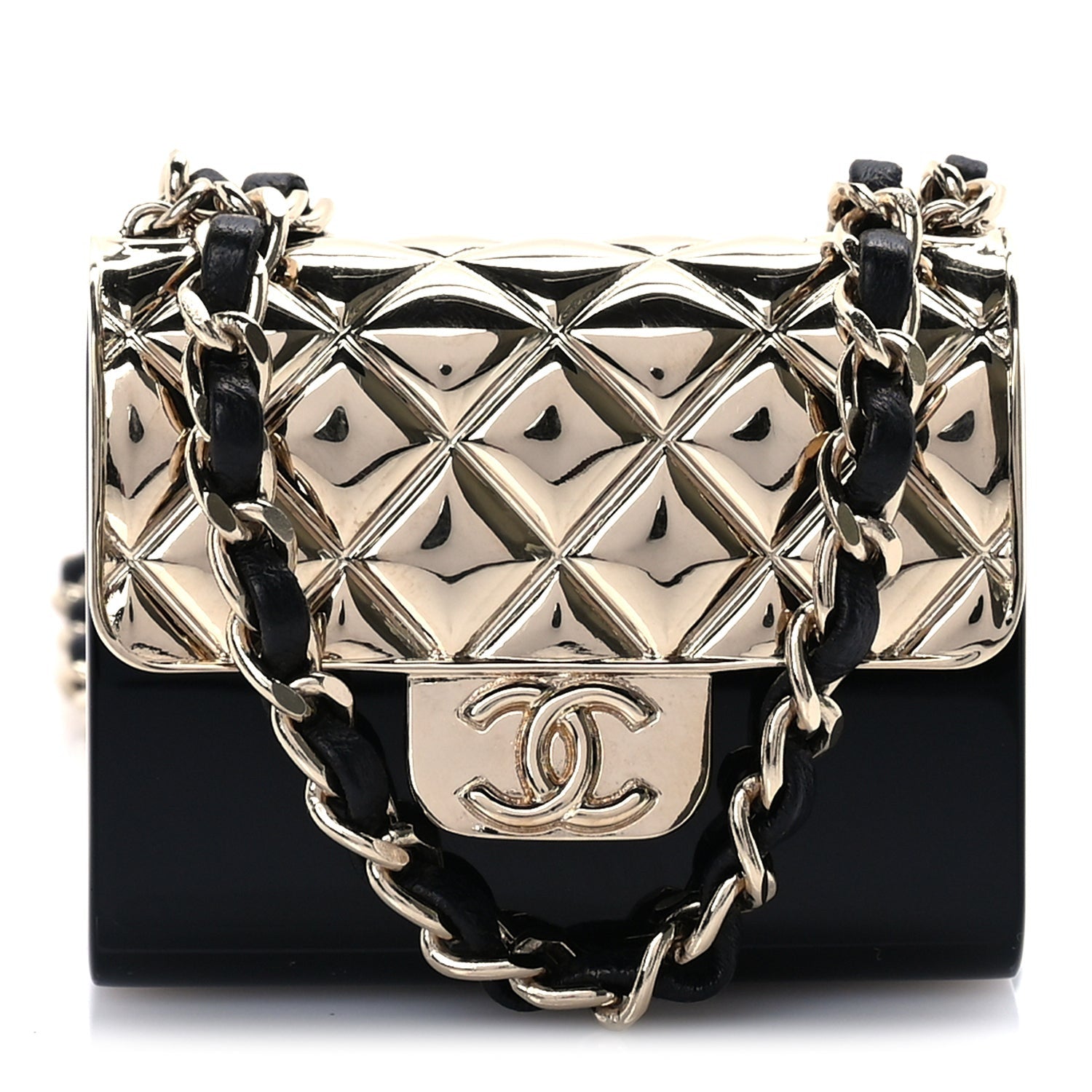 Chanel Metal Resin Lambskin Flap Bag Long Necklace Gold Black 1 of 5