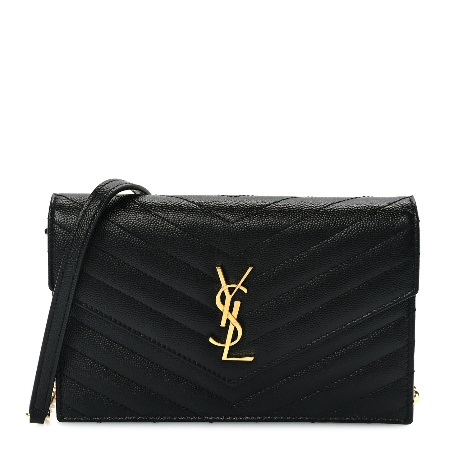 Grain De Poudre Matelasse Chevron Monogram Envelope Chain Wallet Black