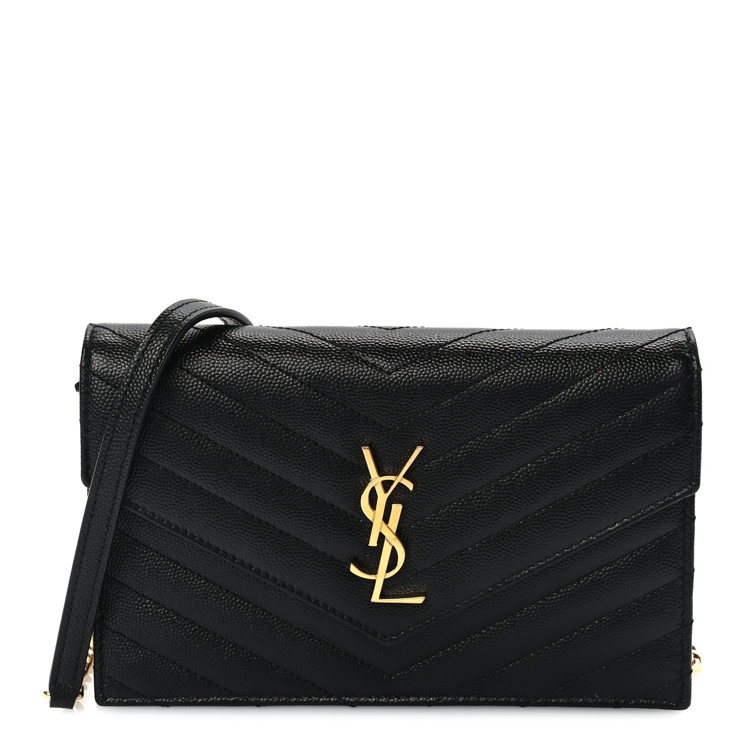 Saint Laurent Grain De Poudre Matelasse Chevron Monogram Envelope Chain Wallet Black 1 of 8