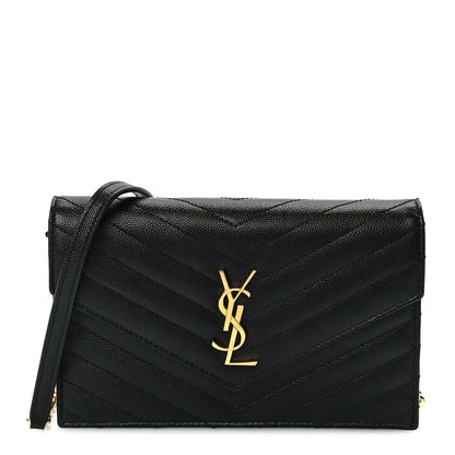 Saint Laurent Grain De Poudre Matelasse Chevron Monogram Envelope Chain Wallet Black 1 of 8
