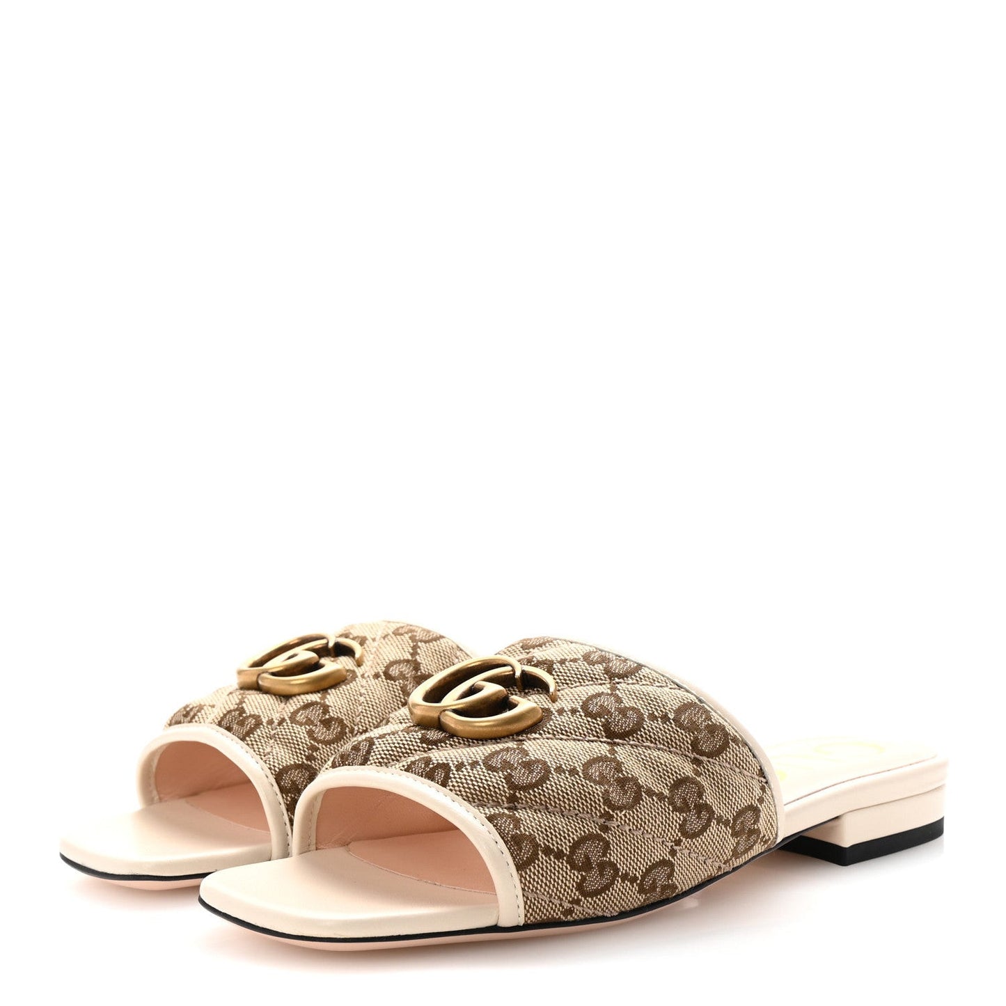 Monogram Matelasse Diagonal GG Marmont Flat Slide Sandals 35 Beige Ebony Mystic White
