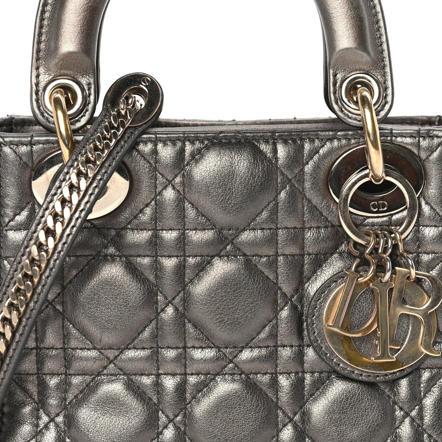 Metallic Lambskin Cannage Mini Lady Dior Dark Grey