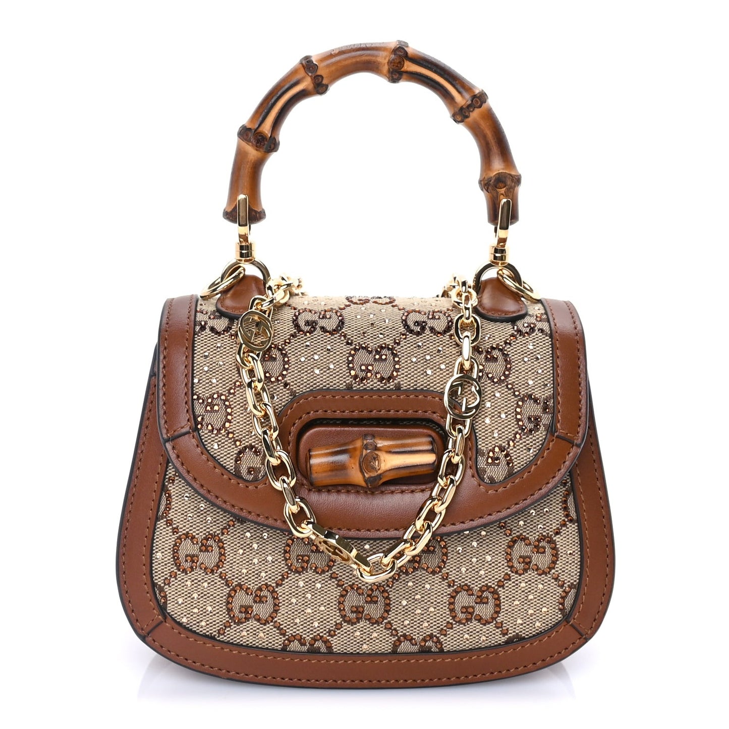 New Canvas Charisma Calfskin Crystal GG Monogram Small Bamboo 1947 Top Handle Bag Camel Ebony